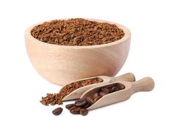 Photo of Bowl and scoops with instant coffee, roasted beans on white background