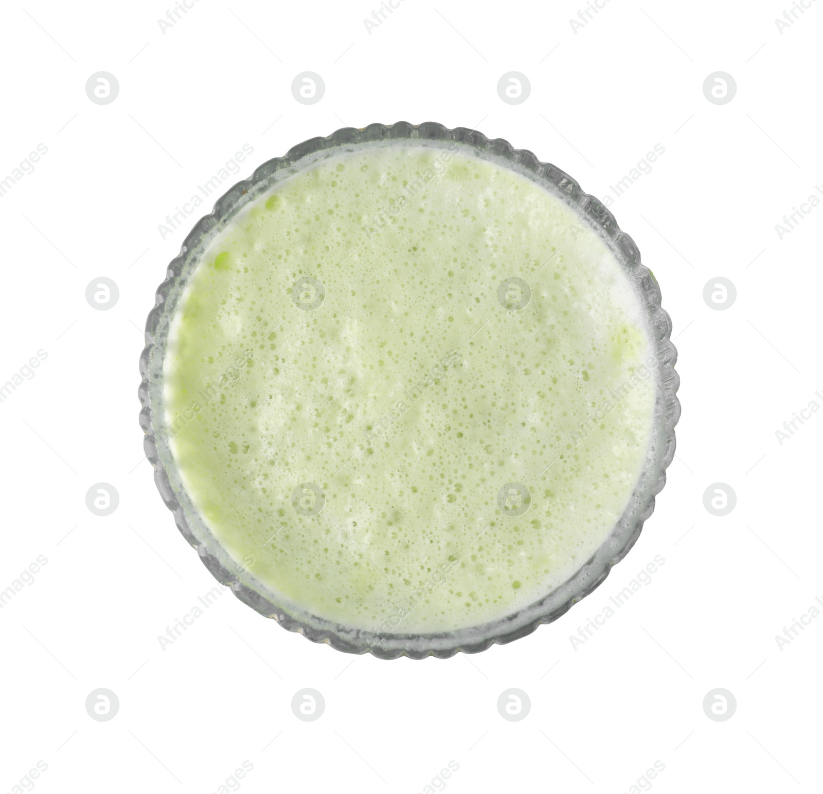 Photo of Glass of tasty matcha latte isolated on white, top view