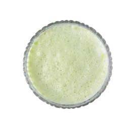 Glass of tasty matcha latte isolated on white, top view