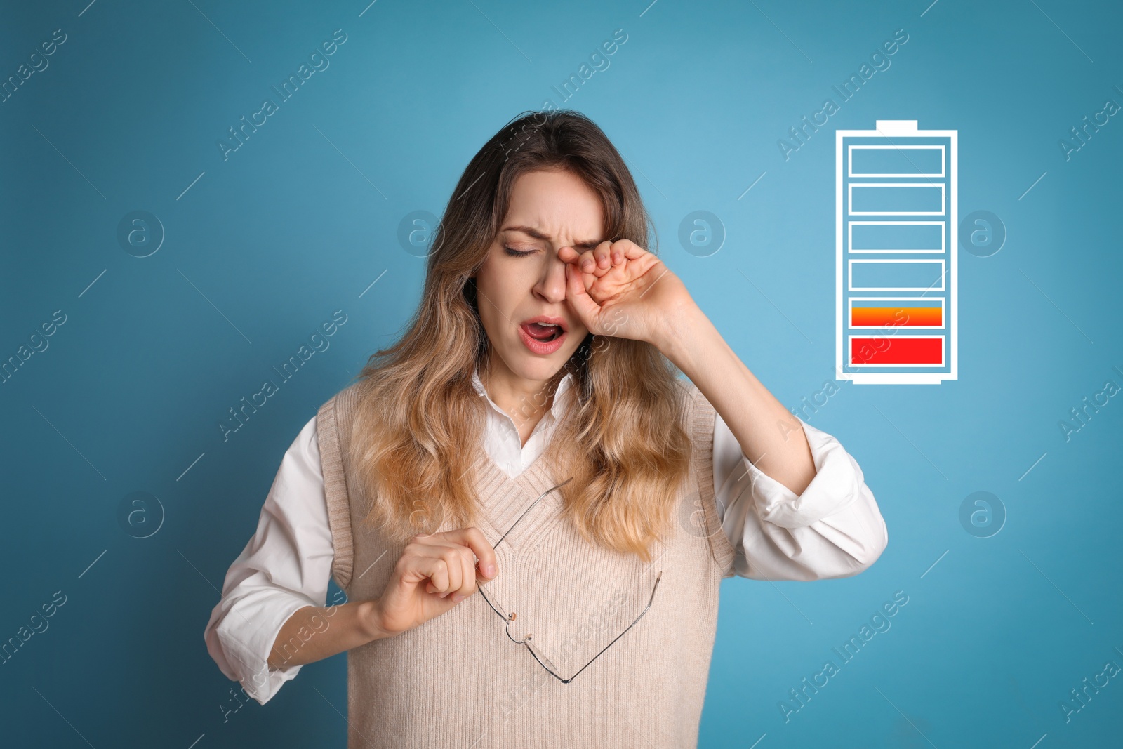 Image of Tired woman yawning and illustration of discharged battery on light blue background
