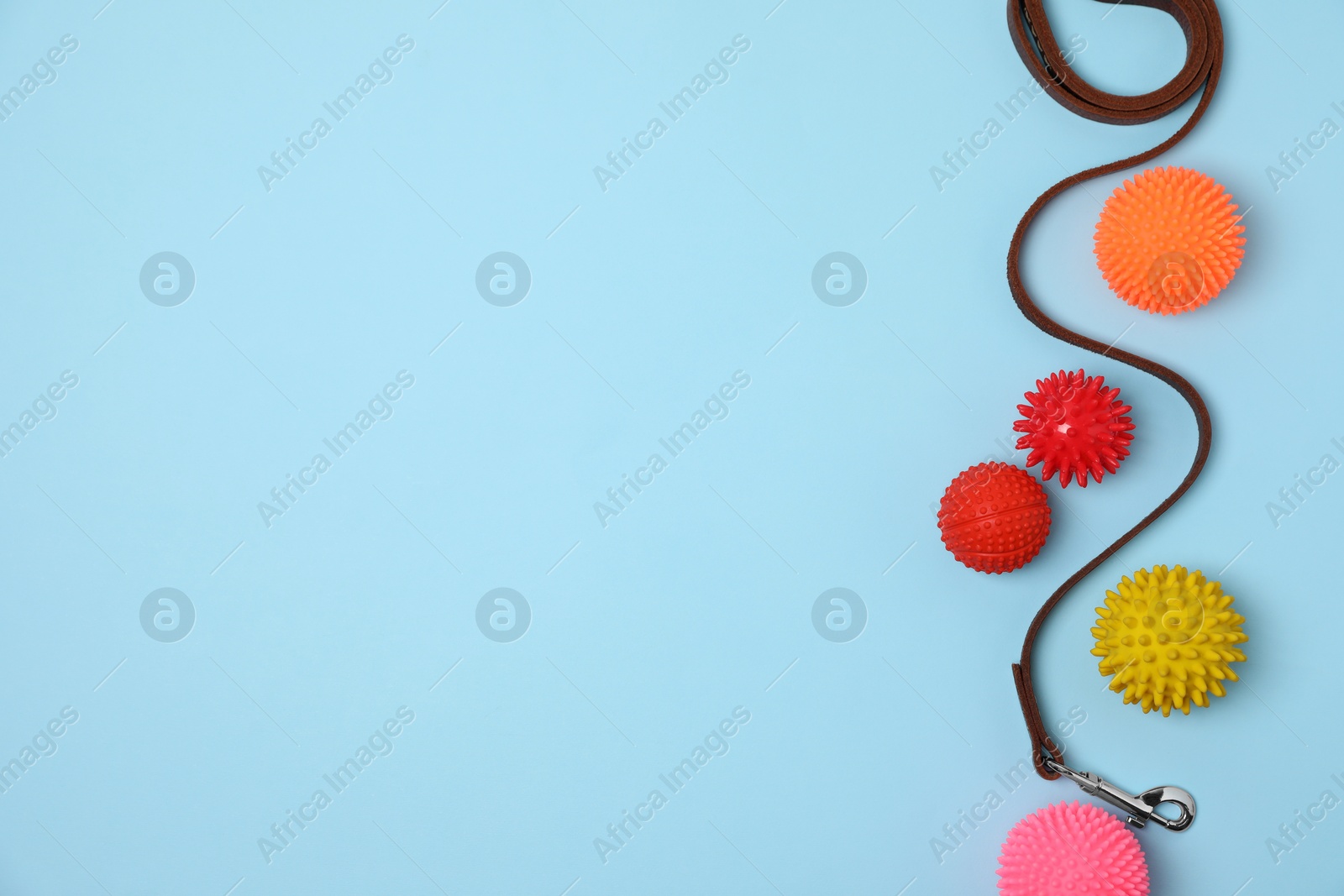 Photo of Flat lay composition with dog leash and toys on light blue background, space for text