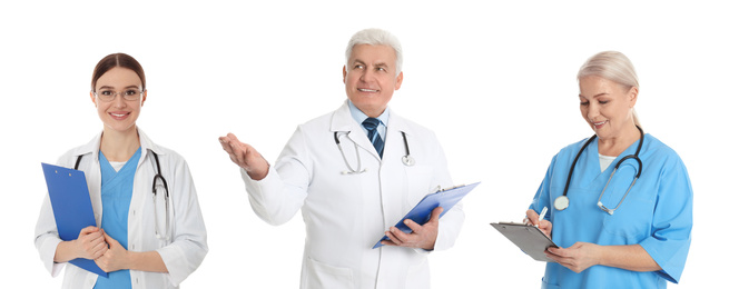 Image of Collage with photos of doctors on white background, banner design 