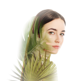 Image of Beautiful woman and tropical leaves on white background. Double exposure