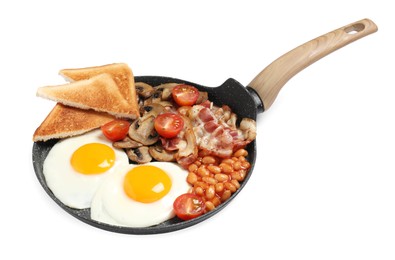 Serving pan with fried eggs, mushrooms, beans, bacon, tomatoes and toasted bread isolated on white. Traditional English breakfast