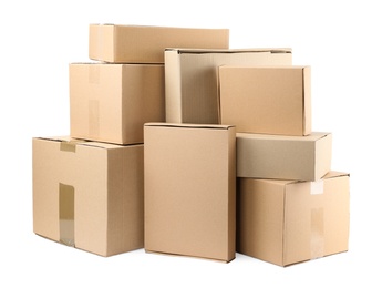 Pile of cardboard boxes on white background