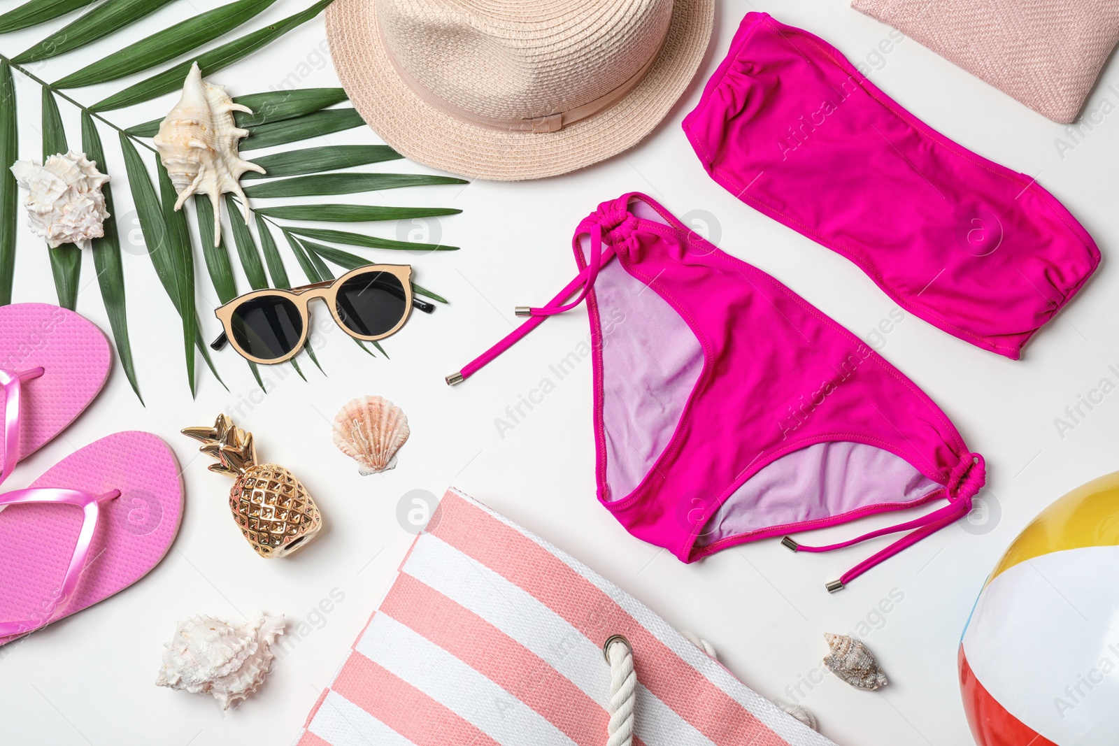 Photo of Composition with beach objects on white background