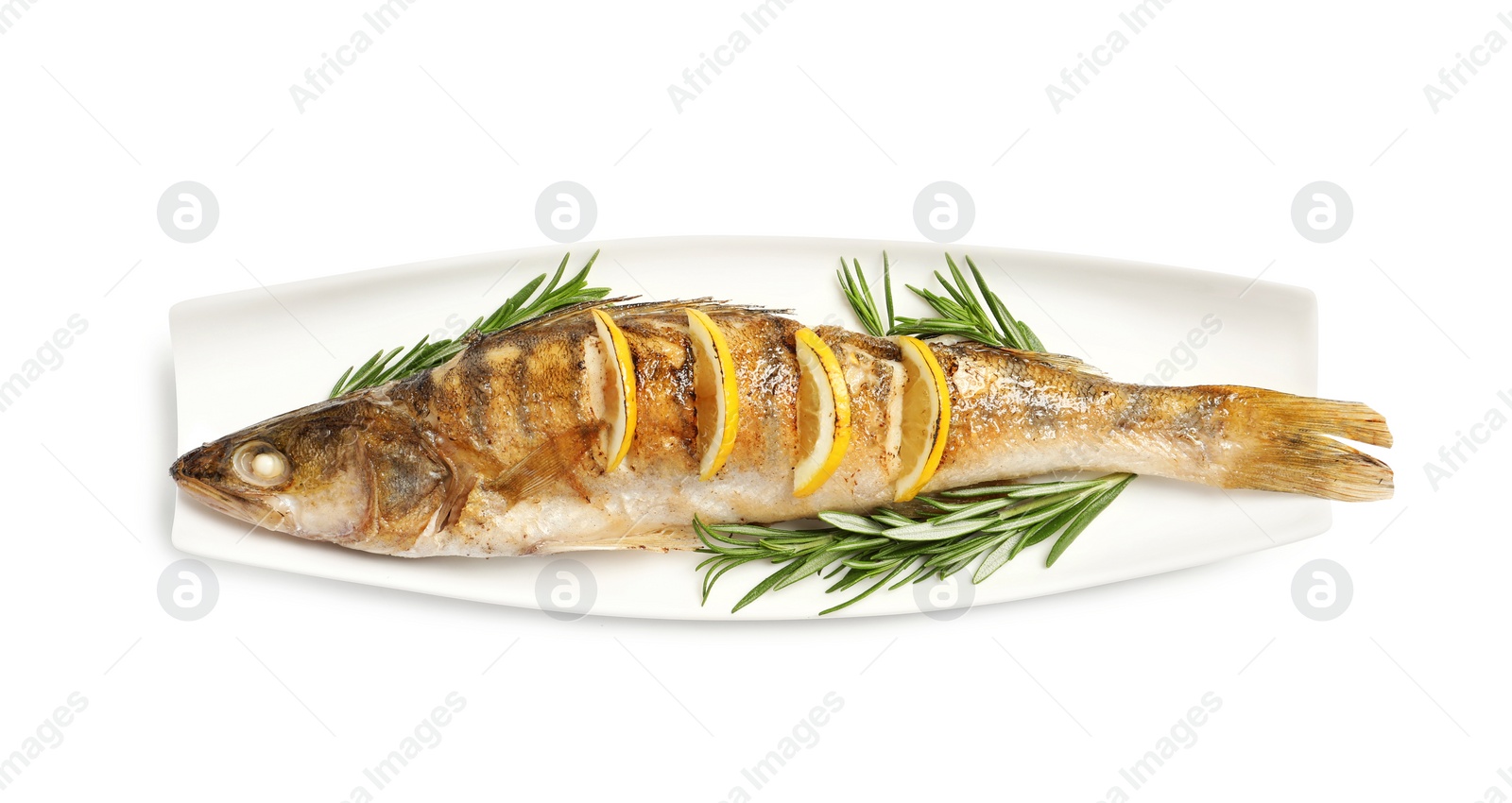 Photo of Tasty homemade roasted pike perch with rosemary on white background, top view. River fish
