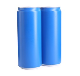 Photo of Energy drinks in blue aluminum cans on white background