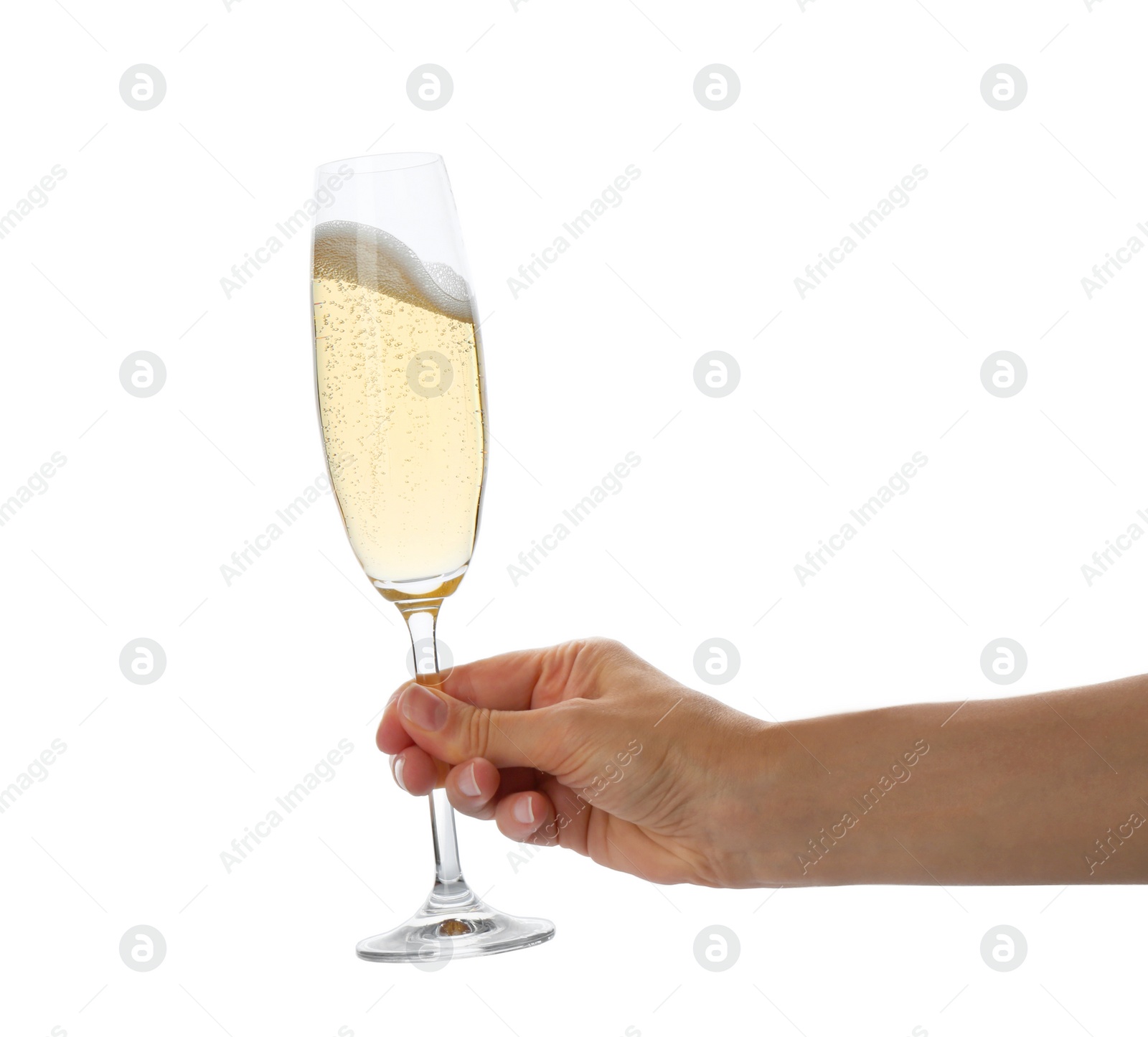 Photo of Woman holding glass of champagne on white background