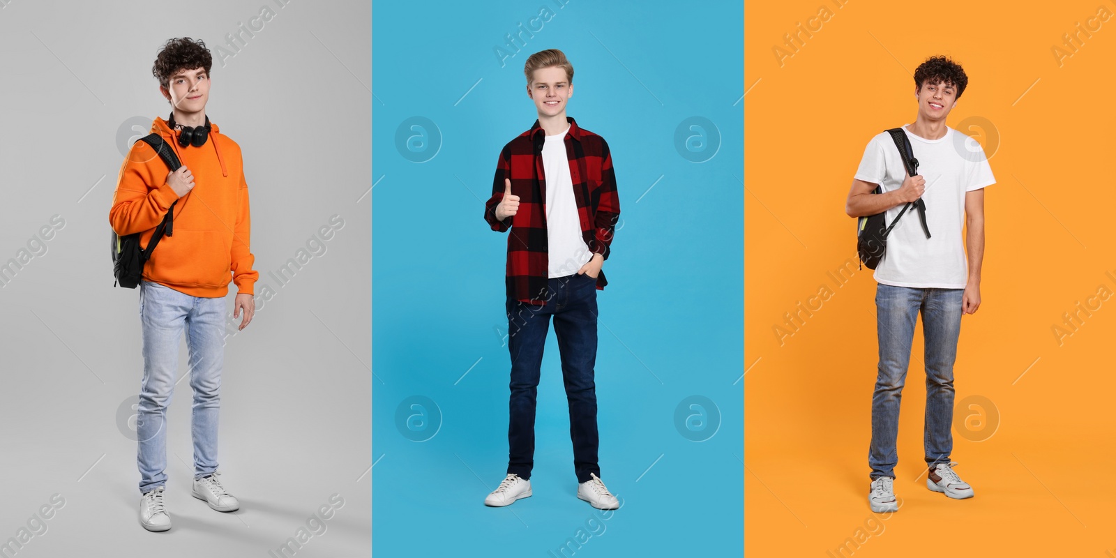 Image of Photos of teenagers on different color backgrounds, collage