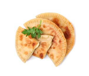 Delicious fried chebureki with cheese and parsley isolated on white, top view