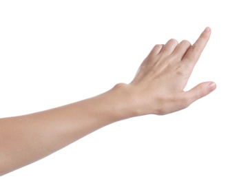 Woman pointing at something on white background, closeup of hand