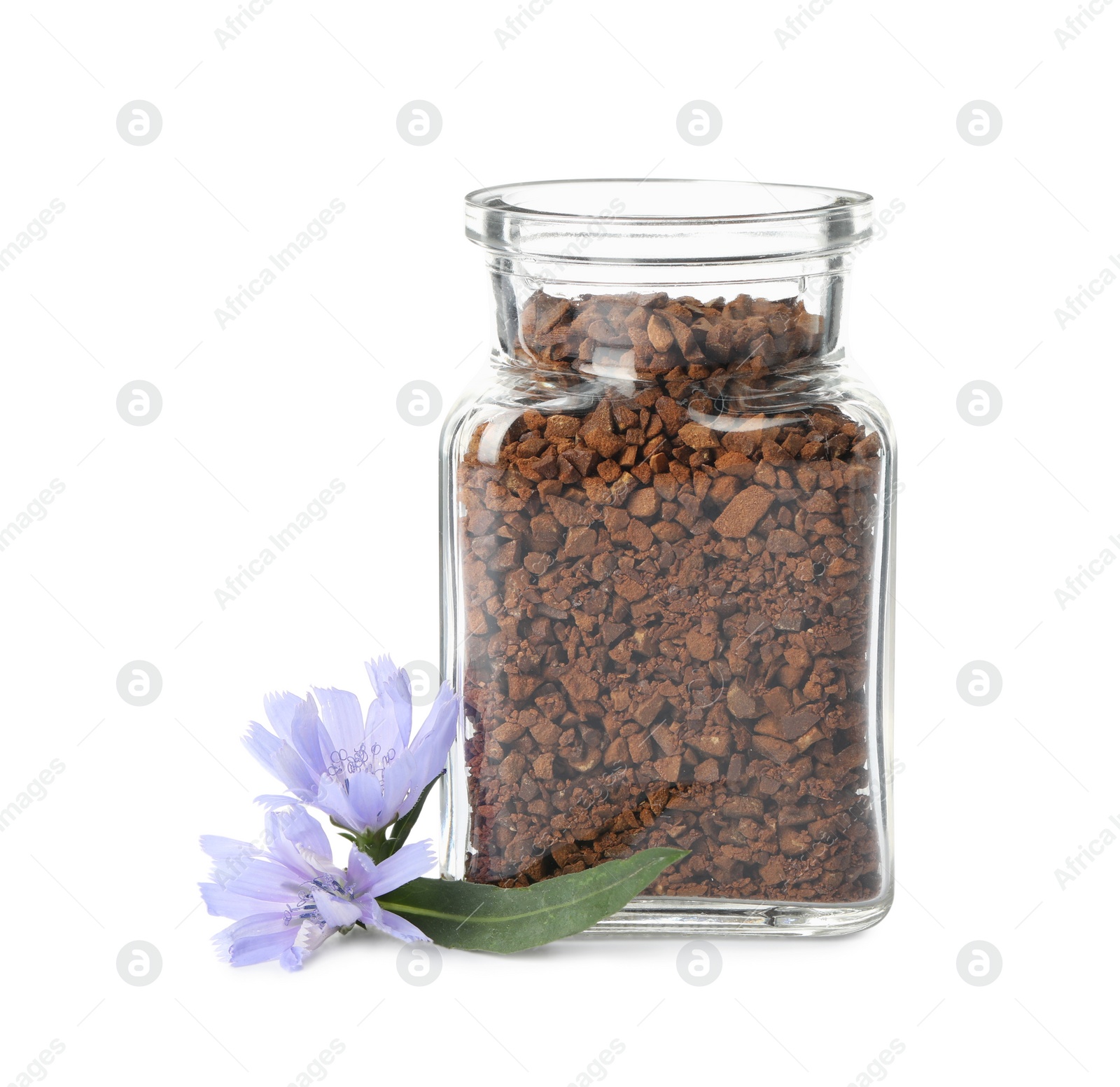Photo of Jar of chicory granules and flowers  on white background
