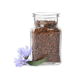 Jar of chicory granules and flowers  on white background