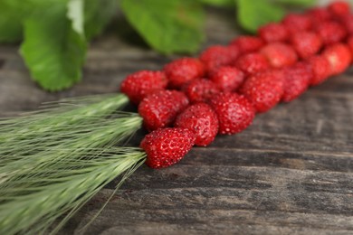 Photo of Grass stems with wild strawberries and leaves on wooden table, closeup