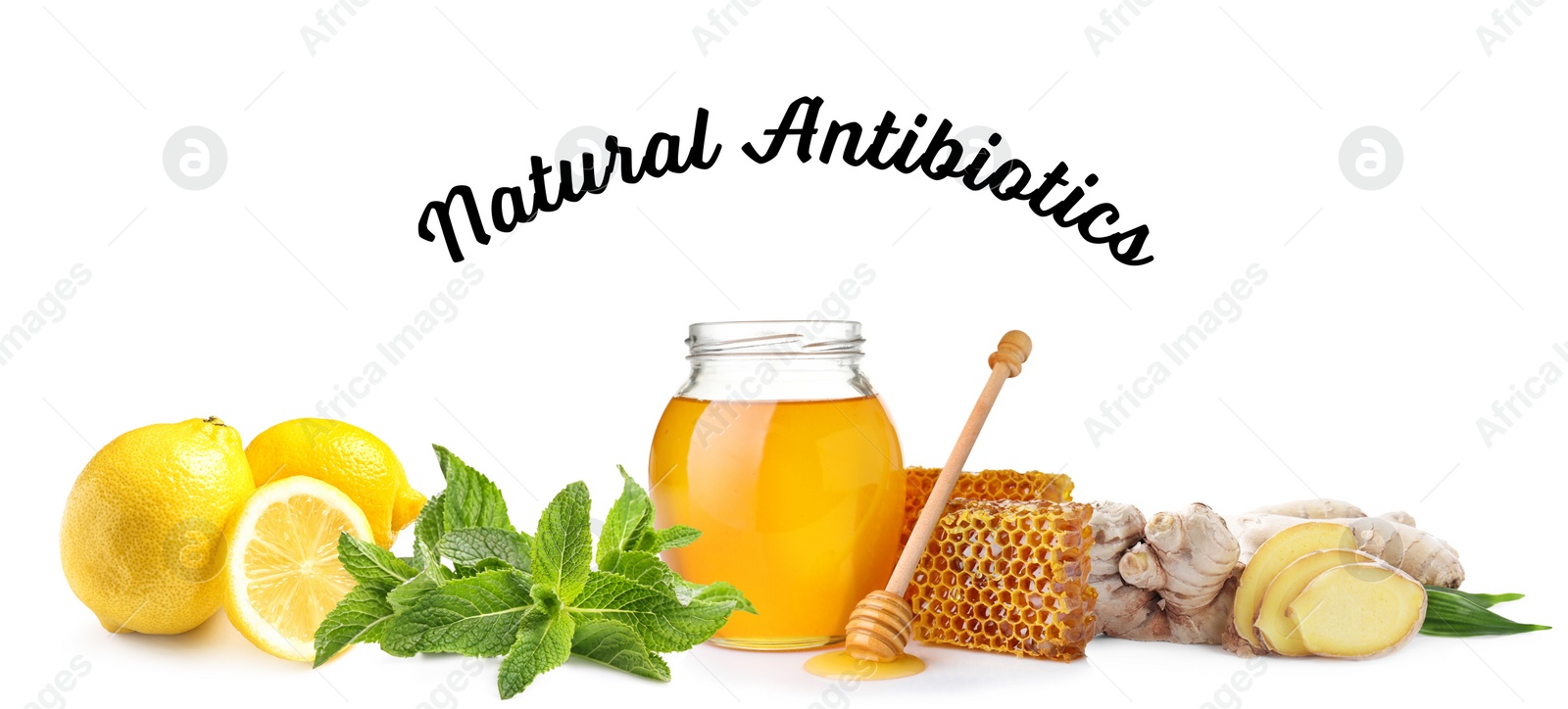 Image of Set of fresh products and text Natural Antibiotics isolated on white. Banner design