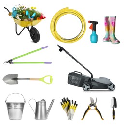 Image of Set with different gardening tools on white background