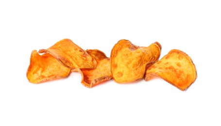 Photo of Tasty sweet potato chips isolated on white