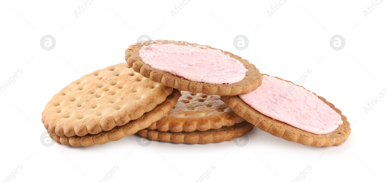 Photo of Tasty sandwich cookies with cream on white background