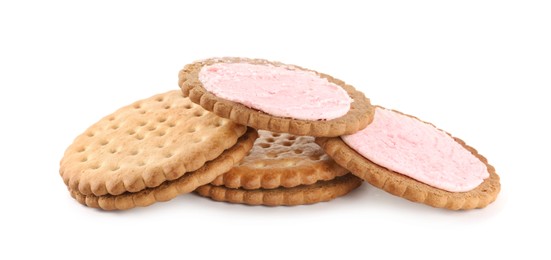 Photo of Tasty sandwich cookies with cream on white background