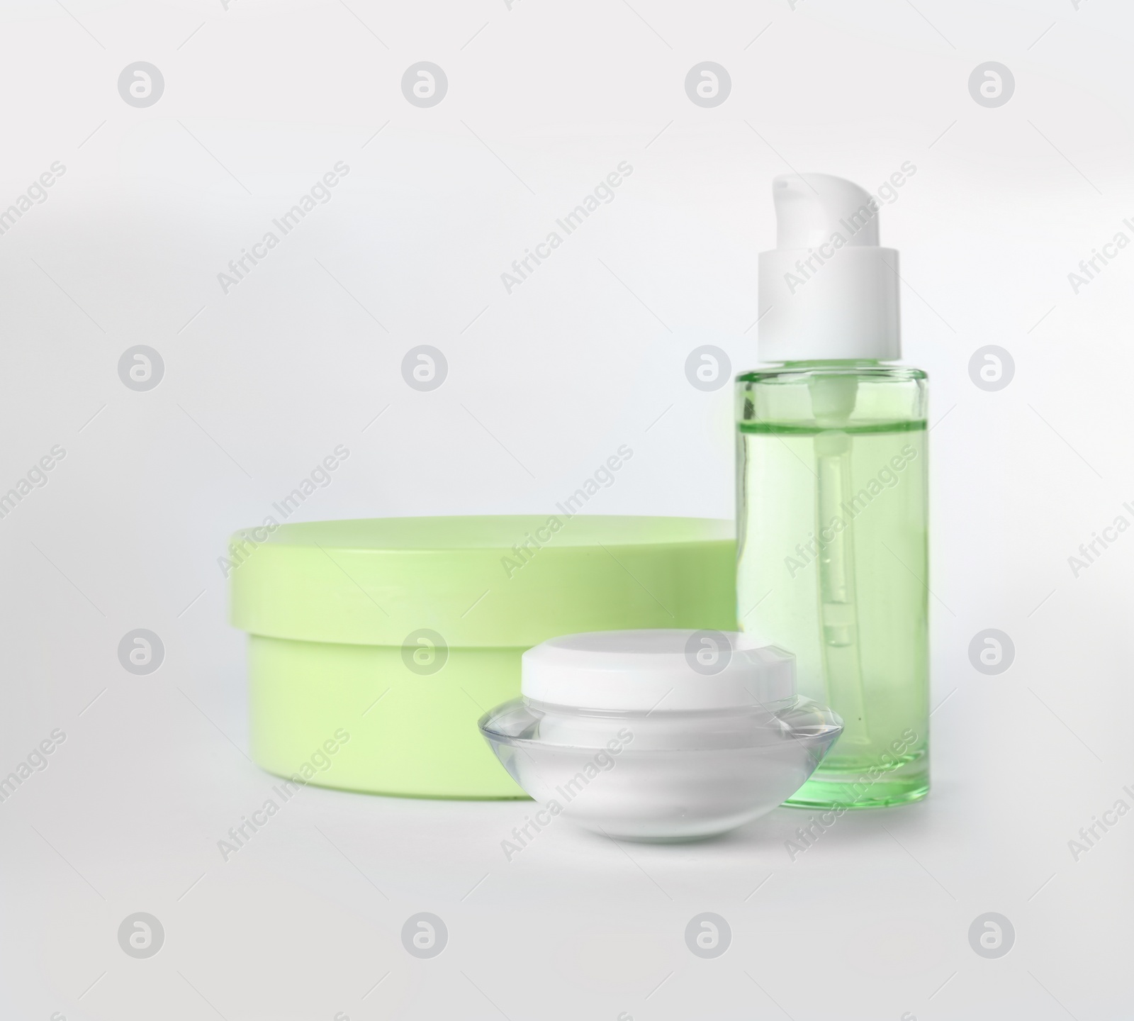 Photo of Different body care products on white background