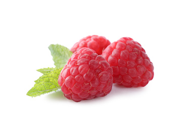 Photo of Delicious sweet ripe raspberries isolated on white