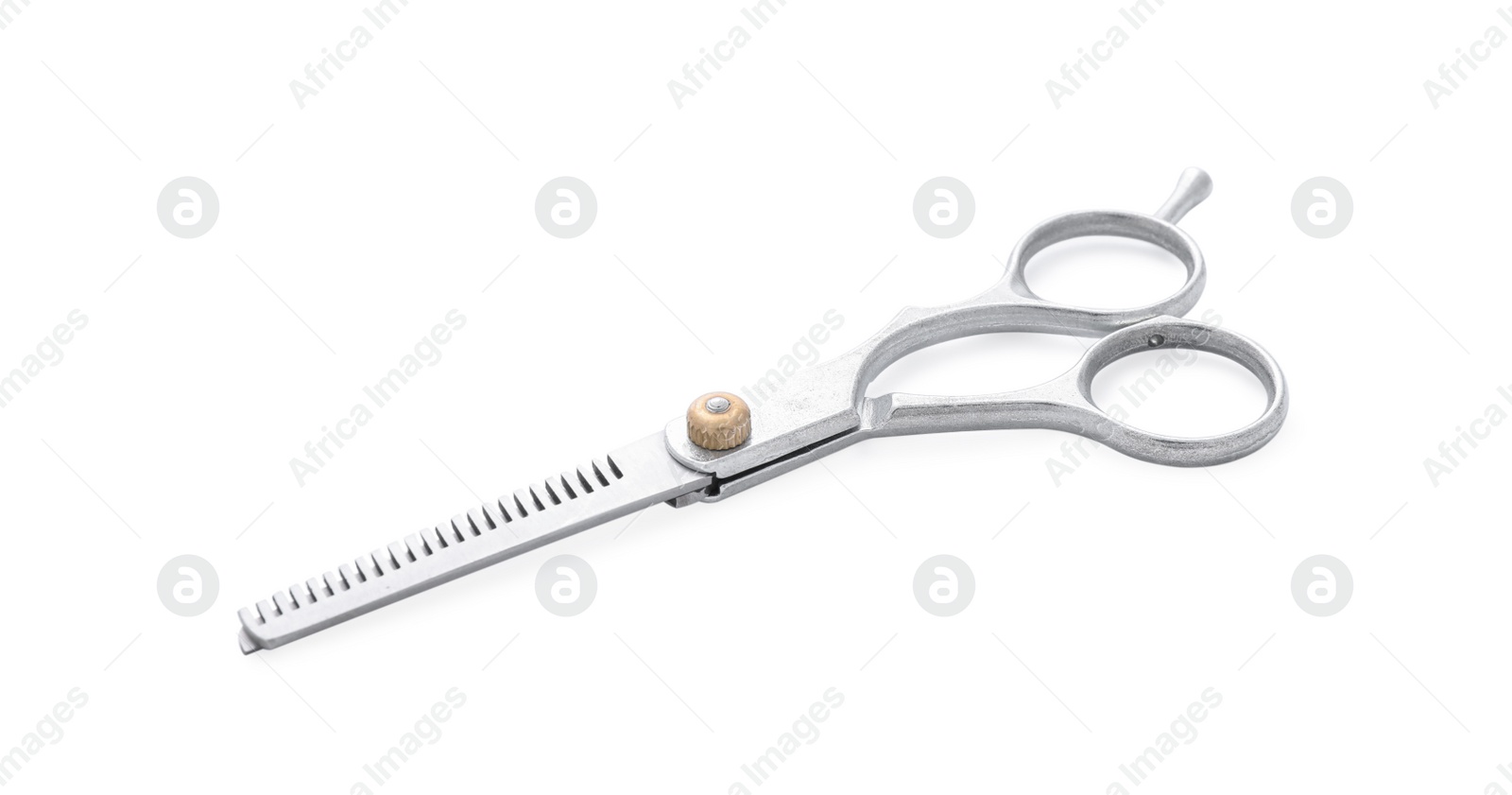 Photo of New thinning scissors isolated on white. Professional hairdresser tool