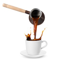 Pouring freshly brewed aromatic coffee from turkish pot into cup. Objects in air on white background