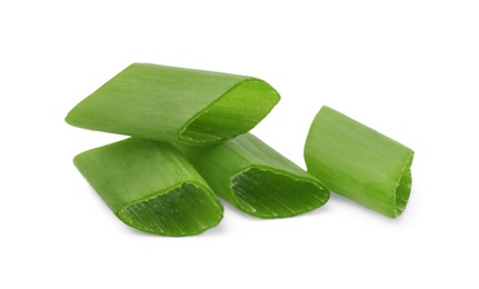 Photo of Chopped fresh green onions on white background
