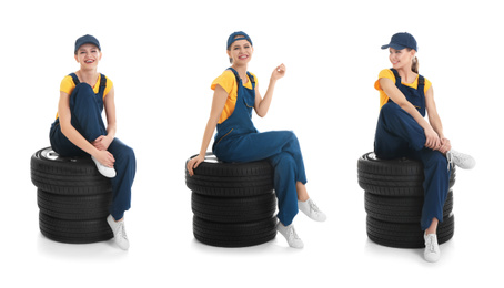 Image of Collage with photos of young female mechanic and tires on white background. Auto store 