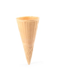 Photo of Empty crispy waffle cone for ice cream on white background