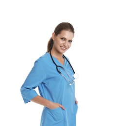 Portrait of young medical assistant with stethoscope on white background