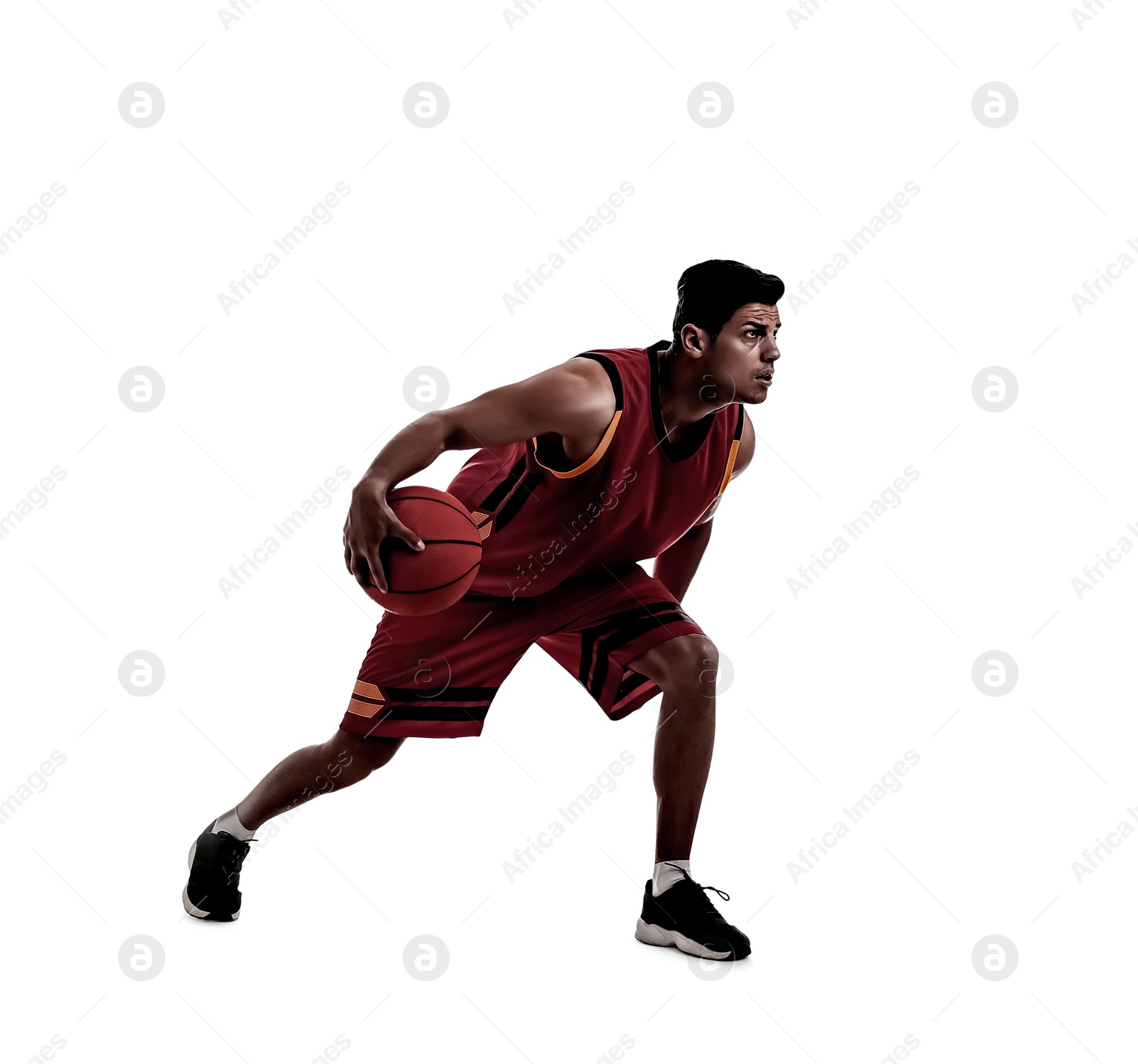 Image of Silhouette of professional sportsman playing basketball on white background