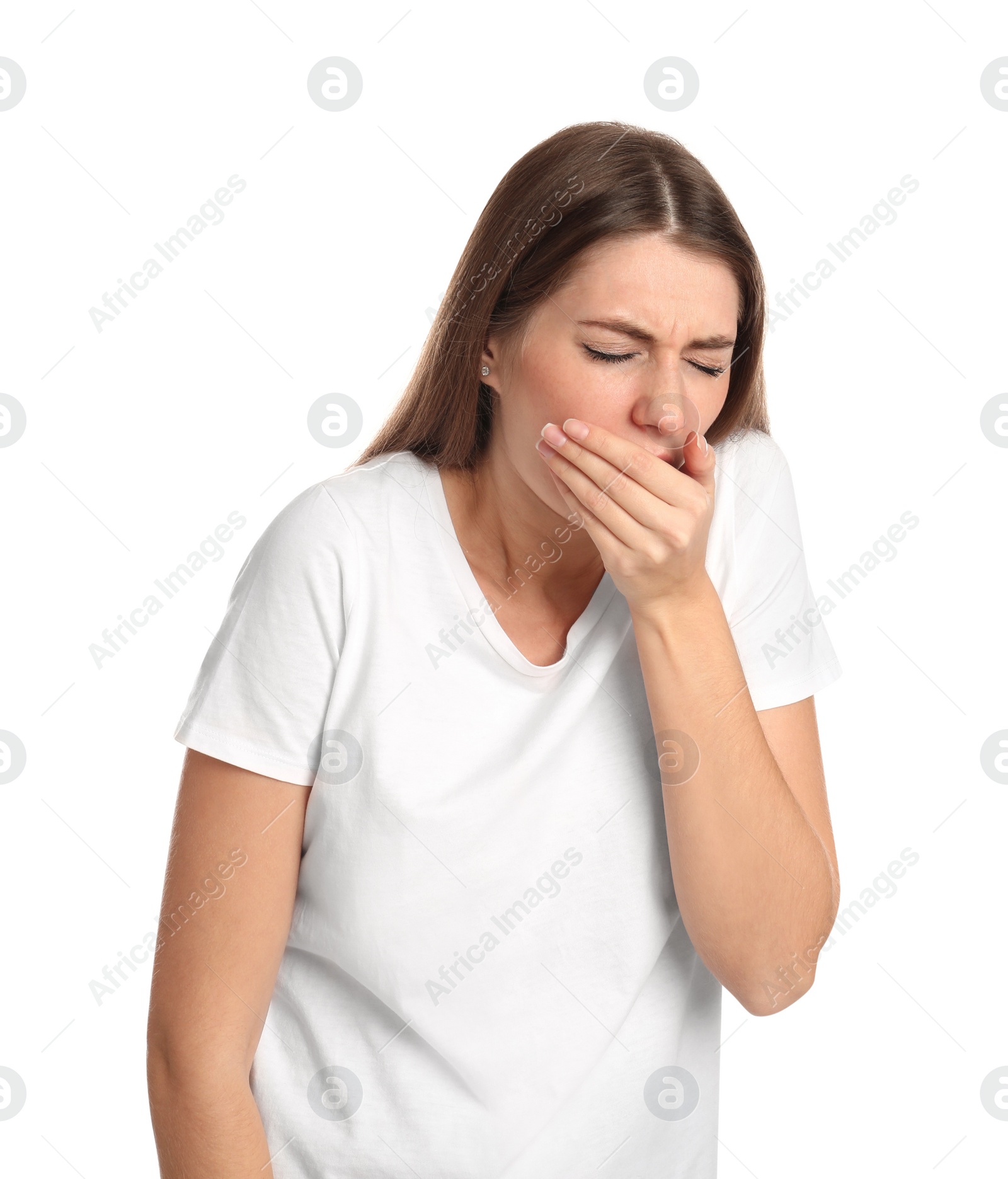 Photo of Woman suffering from nausea on white background. Food poisoning