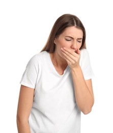Woman suffering from nausea on white background. Food poisoning