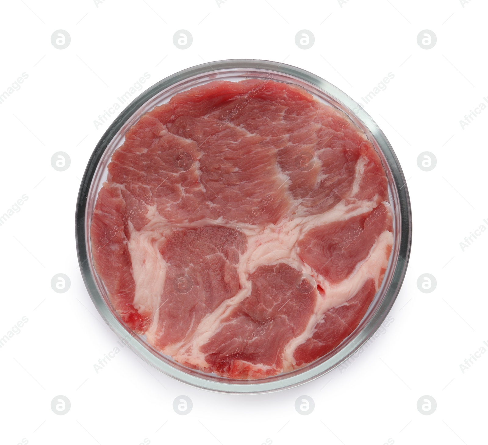 Photo of Petri dish with piece of raw cultured meat on white background, top view