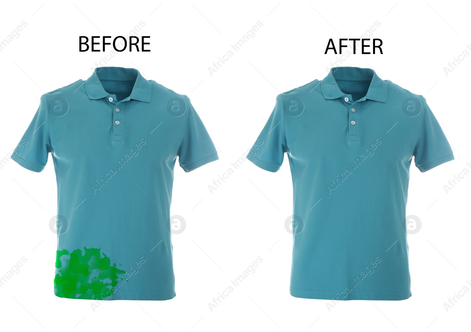 Image of Collage with dirty and clean polo shirt isolated on white. Before and after washing