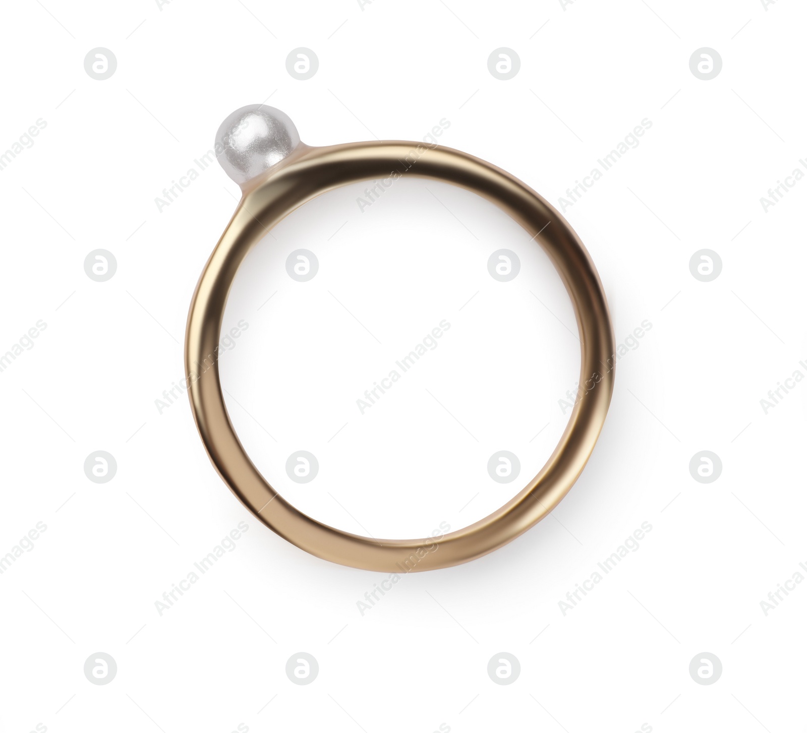 Photo of Elegant ring with pearls isolated on white, top view