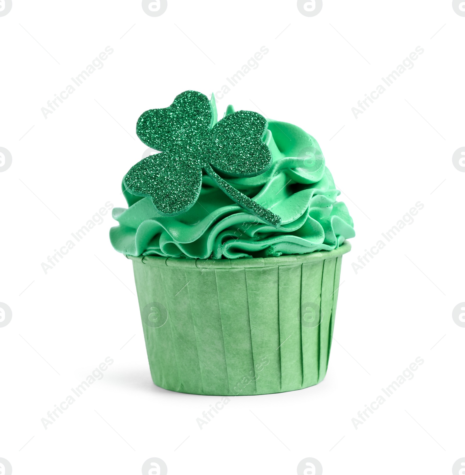 Photo of St. Patrick's day party. Tasty cupcake with green clover leaf topper and cream isolated on white