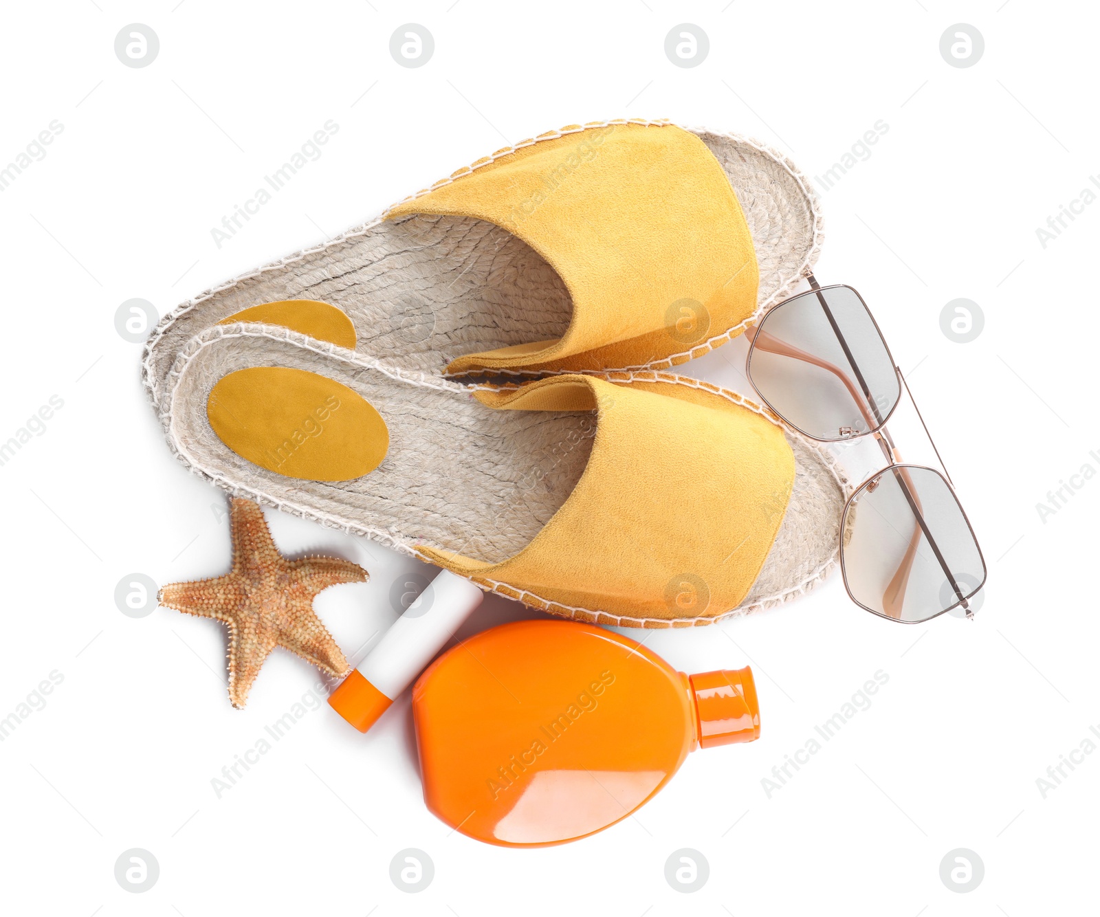 Photo of Composition with beach objects on white background, top view