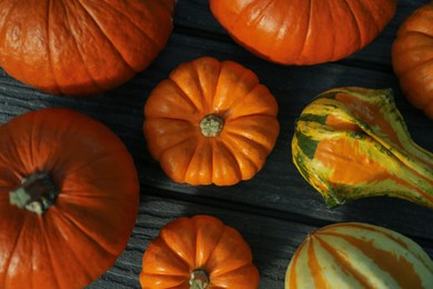 Photo of Many whole ripe pumpkins on wooden table, flat lay