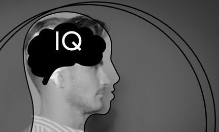 Image of  Illustrated head with brain and blurred view of man on grey background. IQ test