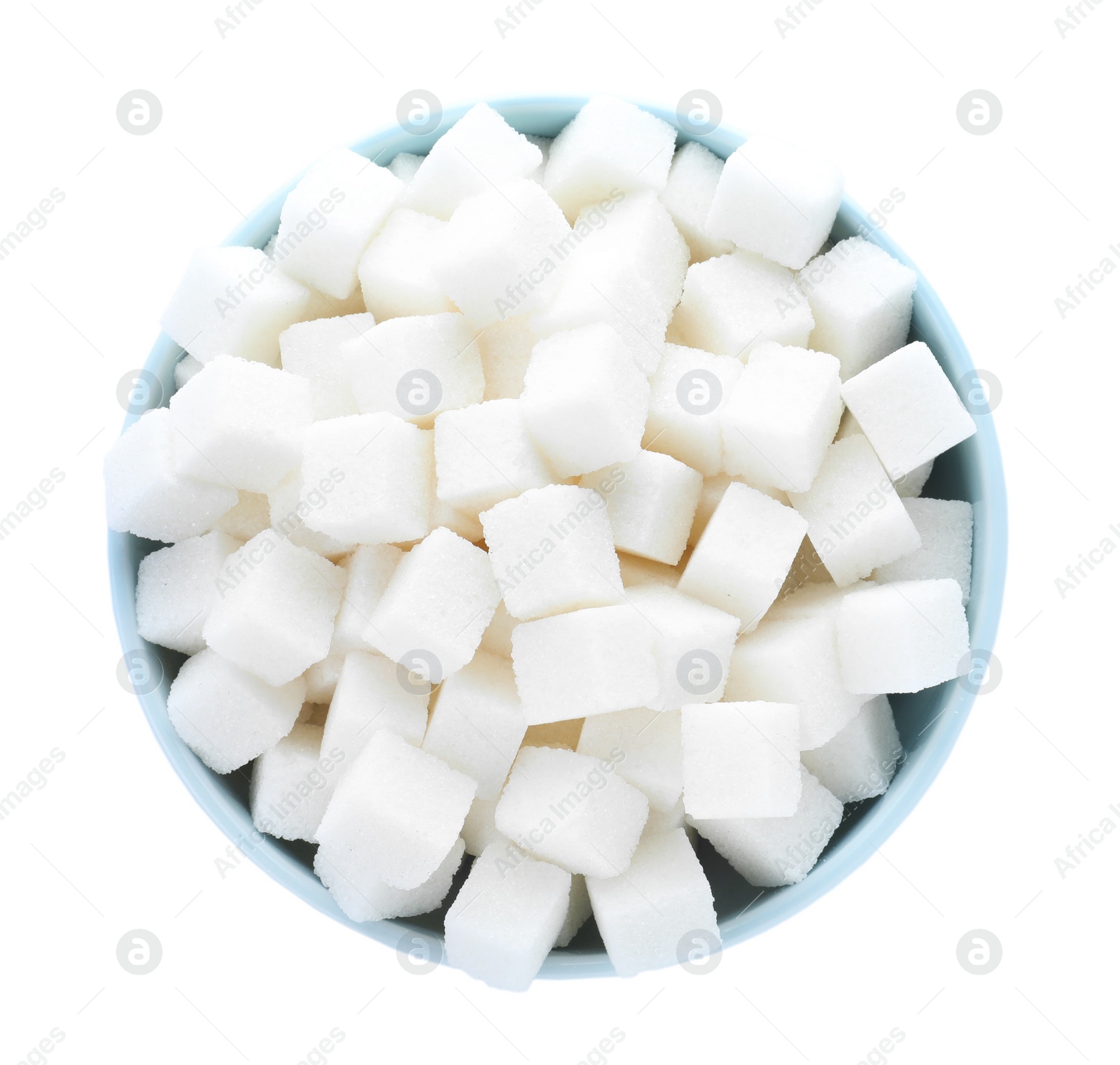 Photo of Refined sugar isolated on white, top view