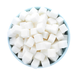 Refined sugar isolated on white, top view