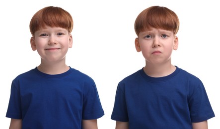 Image of Boy showing different emotions on white background, collage