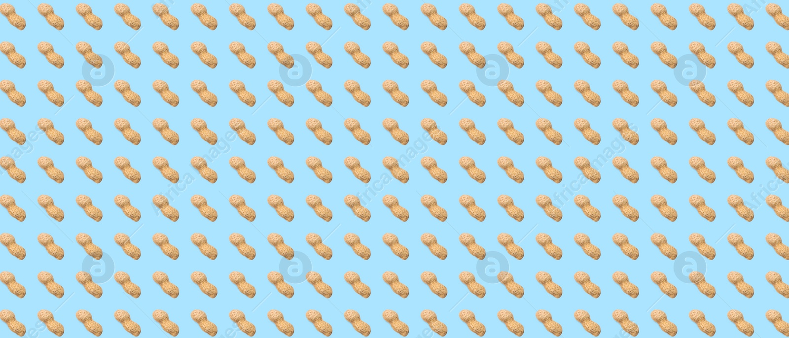 Image of Unpeeled peanuts on light blue background. Pattern, banner design