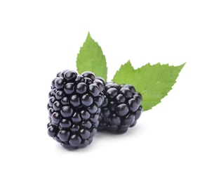 Photo of Tasty ripe blackberries with green leaves on white background