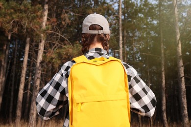 Woman with backpack walking in forest, back view
