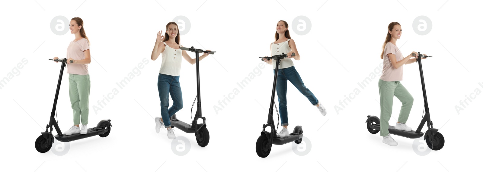 Image of Woman with electric kick scooter isolated on white. Set of photos