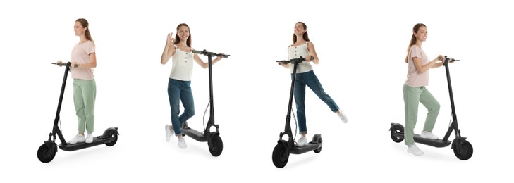 Woman with electric kick scooter isolated on white. Set of photos
